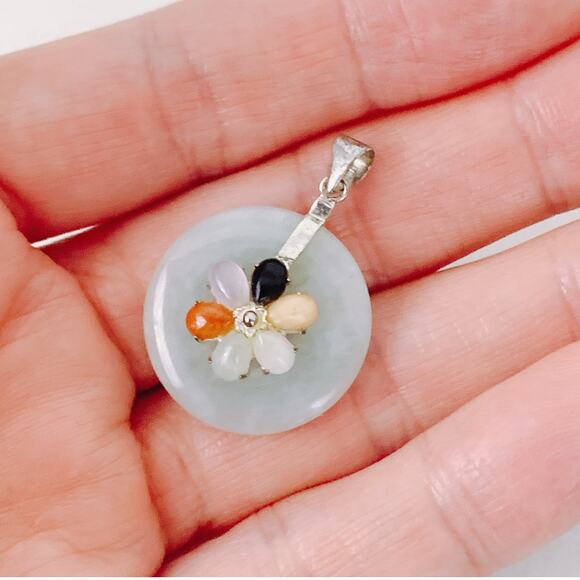 VTG Sterling Silver Jadeite Donut Pendant w/ Semi-Precious Gemstone Flower, Y2K - Picture 3 of 13